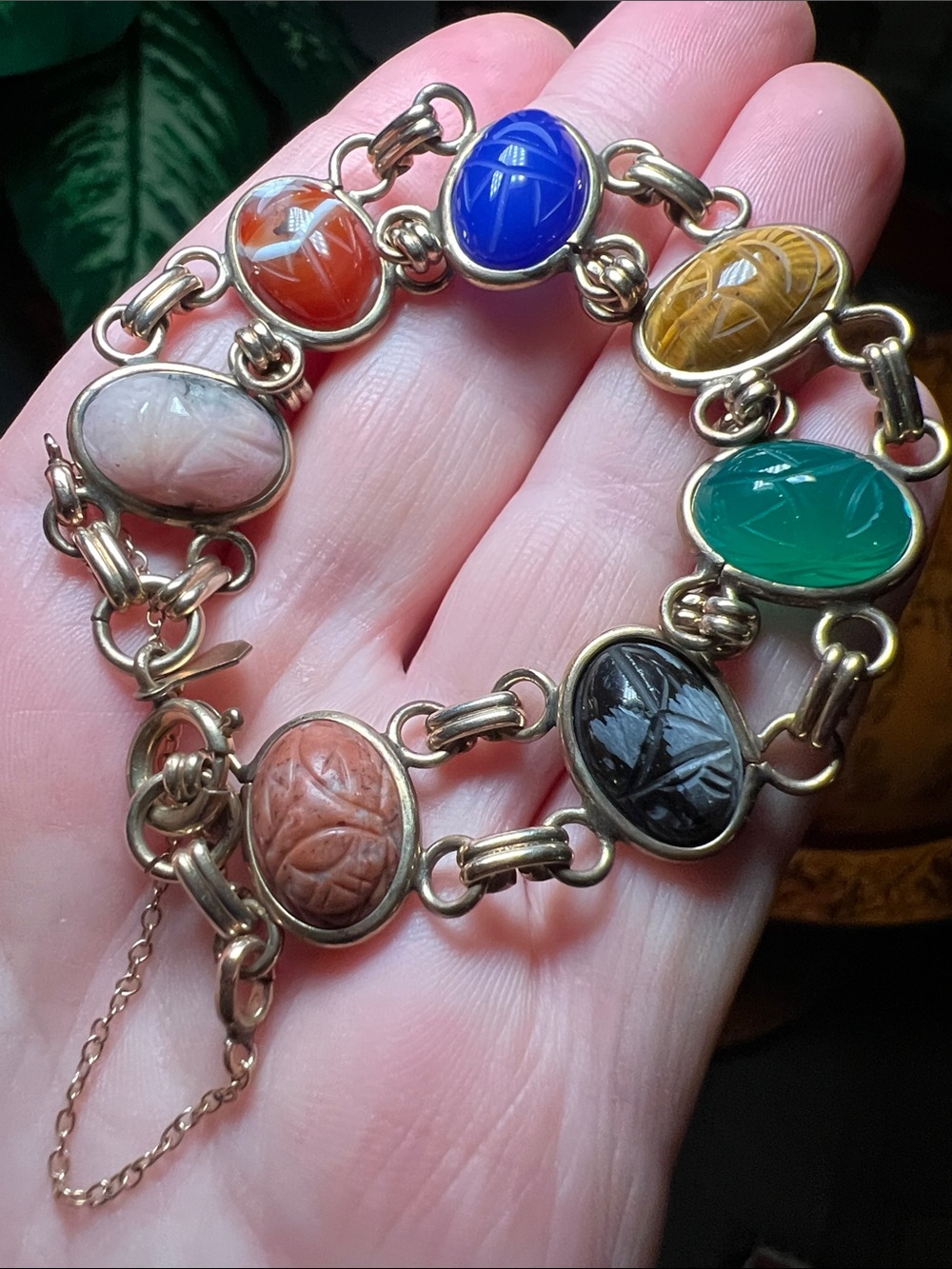 Vintage Amco Signed 12k Gold Filled Multi Gemstone Carved Scarab Bracelet - Picture 10 of 15